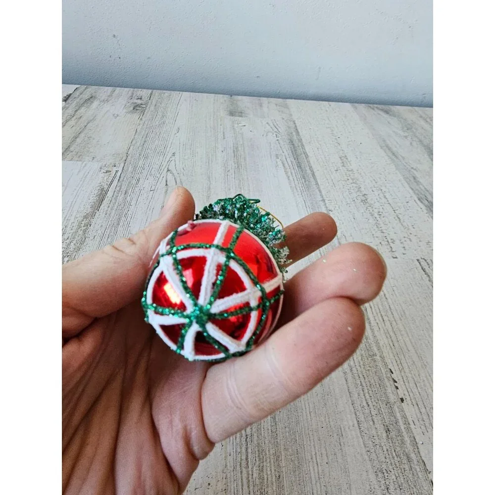 Roman Glitter tree ball ornament unique Xmas sparkle red green plaid striped sta